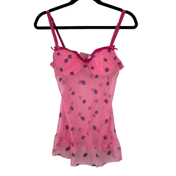 Victoria’s Secret Lingerie Chemise Pink Cupcakes Sheer Babydoll 34B Valentine - Picture 2 of 12